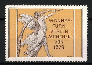 Reklamemarke München, Männer-Turn-Verein von 1879, antike Figur mit Feder