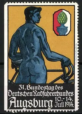 Reklamemarke Augsburg, 31. Bundestag des Deutschen Radfahrerbundes 1914, nackter Mann mit Fahrrad, Velo, Bike
