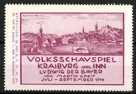 Reklamemarke Kraiburg am Inn, Volksschauspiel Ludwig der Bayer, Stadtansicht, 1914