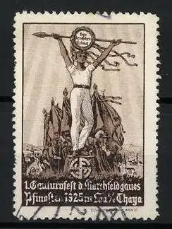 Reklamemarke Laa / Thaya, 1. Gauturnfest 1925, Turner mit Kranz und Fahnen