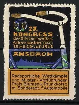 Reklamemarke Ansbach, 27. Kongress der Allgemeinen Radfahrer Union, Fahrradlenker, 1912