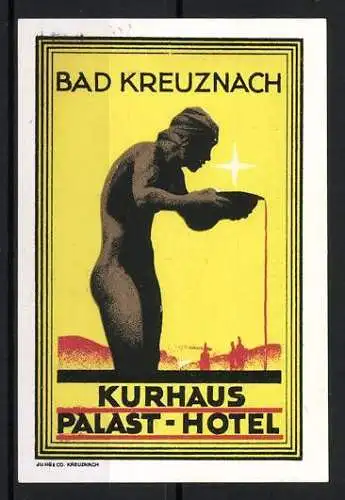 Künstler-Reklamemarke Ludwig Hohlwein, Bad Kreuznach, Kurhaus Palast-Hotel, Statue mit Schale