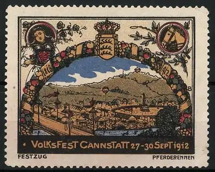 Reklamemarke Cannstatt, Volksfest 27-30 Sept 1912, Festzug und Pferderennen