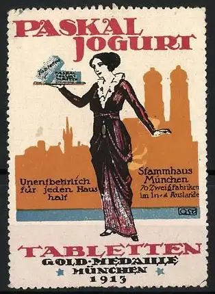 Reklamemarke München, Paskal Jogurt Tabletten, Frau mit Tablettenpackung, 1913