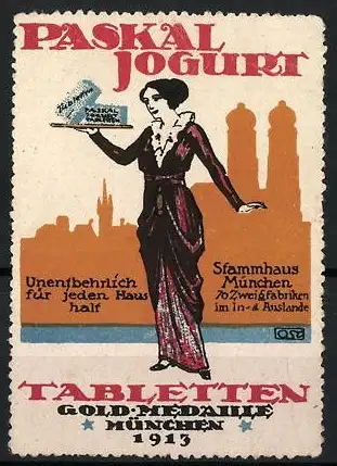 Reklamemarke München, Paskal Jogurt Tabletten, Frau mit Tablett, 1913