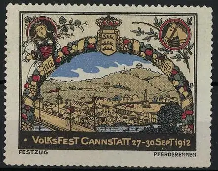 Reklamemarke Cannstatt, Volksfest 27-30 Sept 1912, Festzug und Pferderennen