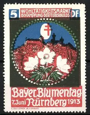 Reklamemarke Nürnberg, Bayer. Blumentag 7. Juni 1913, Stadtansicht mit Blumen und Kreuz