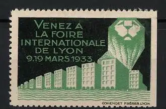 Reklamemarke Lyon, Foire Internationale 1933, Löwenkopf und Gebäude