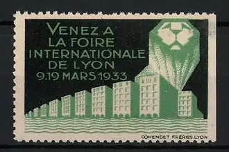 Reklamemarke Lyon, Foire Internationale 1933, Gebäude und Löwe