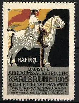 Reklamemarke Karlsruhe, Badische Jubiläums-Ausstellung 1915, Reiter auf Pferd