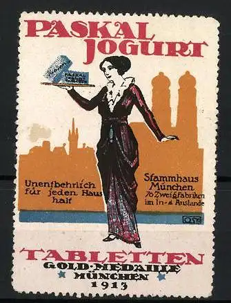 Reklamemarke München, Paskal Joghurt Tabletten 1913, Frau mit Tablett und Skyline