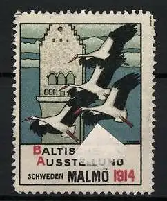 Reklamemarke Malmö, Baltische Ausstellung 1914, fliegende Störche