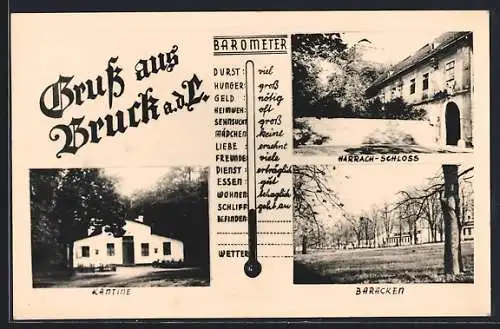 AK Bruck an der Leitha, Harrach-Schloss, Barometer, Baracken, Kantine