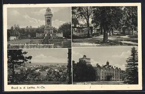 AK Bruck a.d. Leitha, Kriegerdenkmal, Ortsansicht und Schloss Prugg