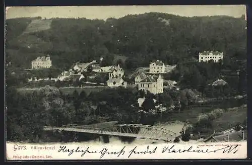 AK Gars, Villenviertel mit Brücke aus der Vogelschau