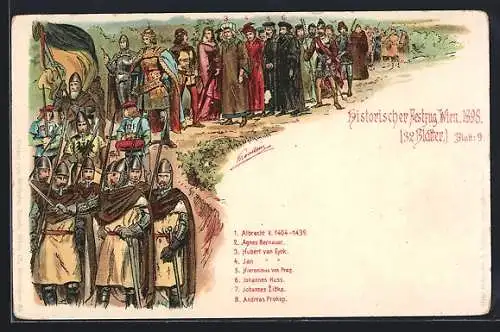 Lithographie Wien, Historischer Festzug 1898 mit Albrecht V, Agnes Bernauer, Hubert und Jann van Eyck, Johannes Huss