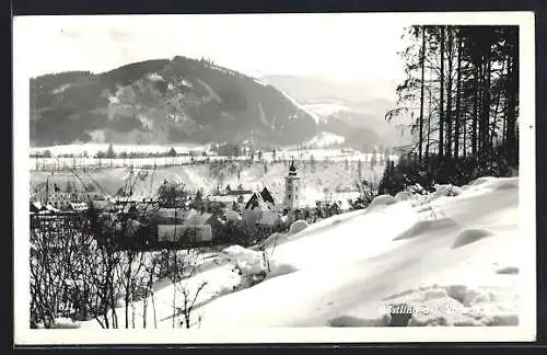 AK Göstling a. d. Ybbs, Ortsansicht vom Berg aus im Schnee