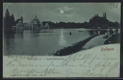 Mondschein-AK Budapest, Stadtwäldchenteich bei Nacht