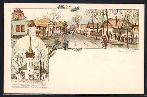 Lithographie Budapest, Exposition Millénaire, Rue hongroise et l`eglise