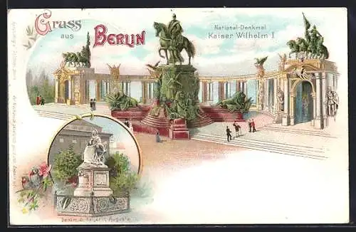 Lithographie Berlin, National-Denkmal Kaiser Wilhelm I., Denkmal d. Kaiserin Augusta