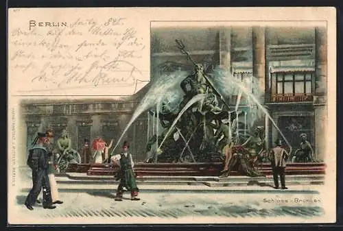 Lithographie Berlin, Schloss-Brunnen, Strassenpartie