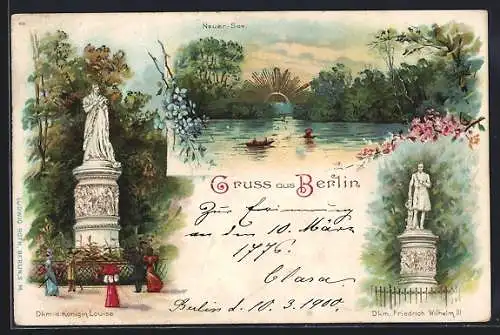 Lithographie Berlin-Tiergarten, Denkmal d. Königin Louise, Neuer See, Denkmal Friedrich Wilhelm III.