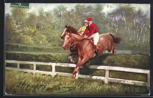 Künstler-AK Steeplechasing, Neck and Neck, Pferdesport