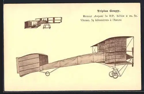 AK Flugzeug Triplan Goupy fliegt 54 km in einer Stunde