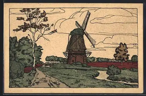 Steindruck-AK Windmühle am Mühlenbach in der Lüneburger Heide