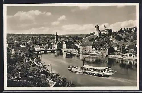 AK Schaffhausen, Ortsansicht mit Dampfer in voller Fahrt