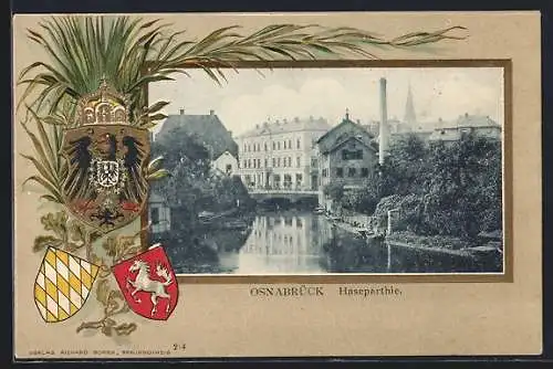 Passepartout-Lithographie Osnabrück, Hasepartie und Wappen