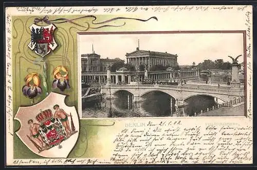 Passepartout-Lithographie Berlin, Blick zur Friedrichsbrücke mit Wappen