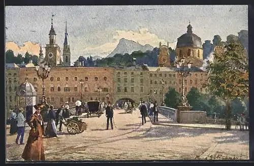 Künstler-AK Hans Götzinger: Salzburg, Stadtbrücke mit Untersberg