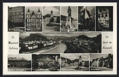 AK Salzburg, Panorama der Stadt, Mozart Denkmal, Glockenspiel, Dom, Mozarts Wohnhaus, Mozarteum