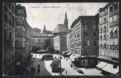 AK Salzburg, Ludwig Viktorplatz mit Geschäft und Strassenbahn