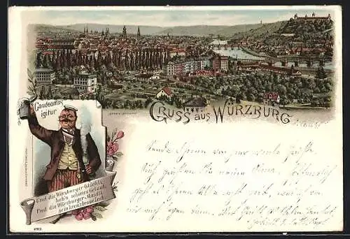 Lithographie Würzburg, Stadtpanorama und Student mit Bierkrug