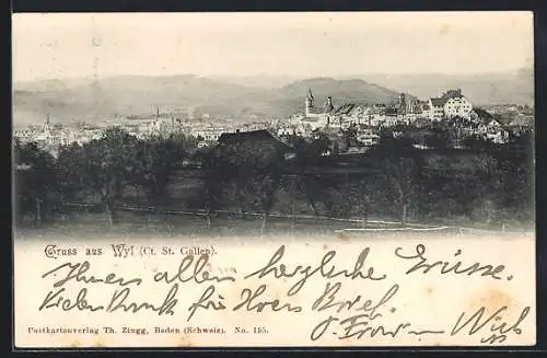 AK Wyl /St. Gallen, Gesamtansicht mit Bergen und Fernblick