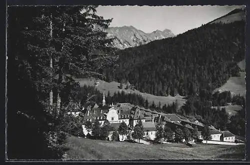 AK Val-de-Charmey, Chartreuse de Valsainte, Ortsansicht aus der Vogelschau mit Bergpanorama