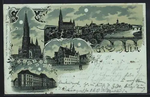 Mondschein-Lithographie Ulm / Donau, Justizgebäude, Münster, Rathaus, Ortsansicht mit Brücken