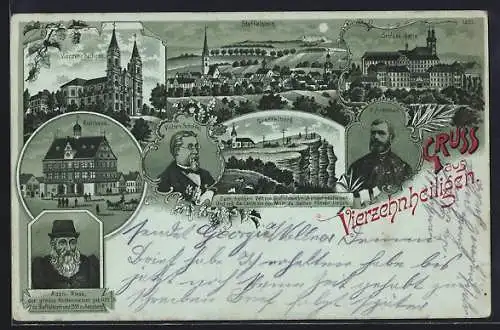 Mondschein-Lithographie Staffelstein / Bayern, Kirche Vierzehnheiligen, Adam Riese, Staffelberg, Ortsansicht