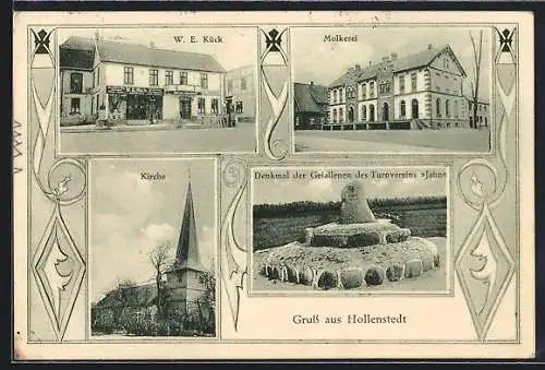 AK Hollenstedt / Harburg, Geschäft von W. E. Kück, Molkerei, Denkmal der Gefallenen des Turnvereins Jahn