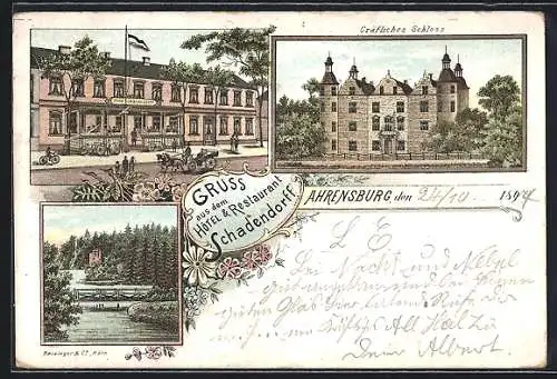 Lithographie Ahrensburg / Holstein, Hotel & Restaurant Schadendorff, Gräfliches Schloss, Uferpartie