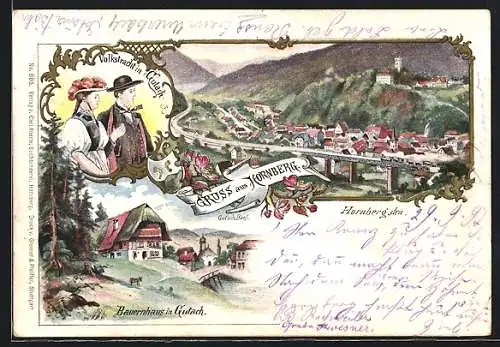 Lithographie Hornberg / Schwarzwald, Ortsansicht, Bauernhaus in Gutach, Volkstrachten