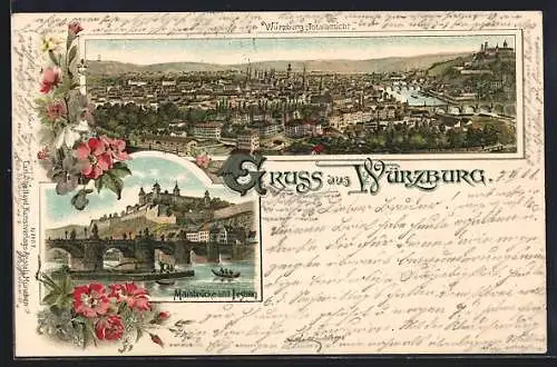 Lithographie Würzburg, Totalansicht, Mainbrücke und Festung