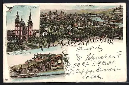 Lithographie Würzburg, Gesamtansicht v. Steinberg, Stift Haug Kirche, Alte Brücke m. Festung