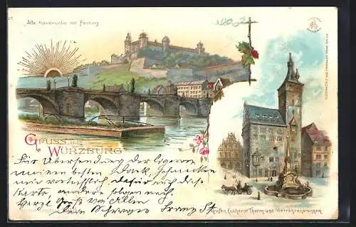 Lithographie Würzburg, Grafen Eckhardt Thurm u. Vierröhrenbrunnen, Alte Mainbrücke mit Festung