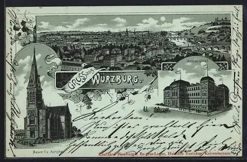 Mondschein-Lithographie Würzburg, Neue Ev. Kirche, Universität und Panorama