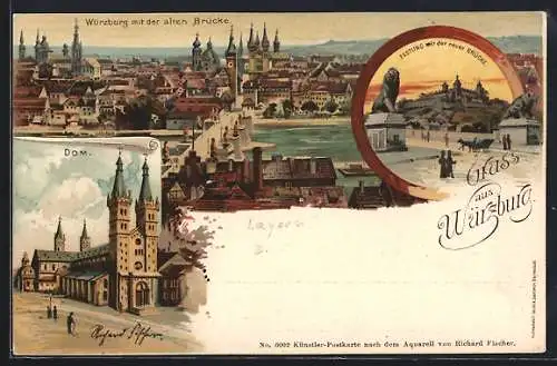 Lithographie Würzburg, Dom, Alte Brücke und Festung