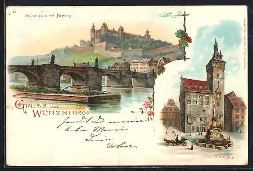 Lithographie Würzburg, Grafen Eckhardt Thurm u. Vierröhrenbrunnen, Alte Mainbrücke mit Festung