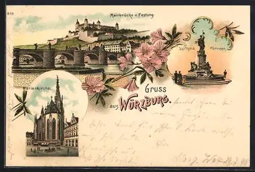 Lithographie Würzburg, Mainbrücke u. Festung, Luitpold Brunnen, Marienkirche